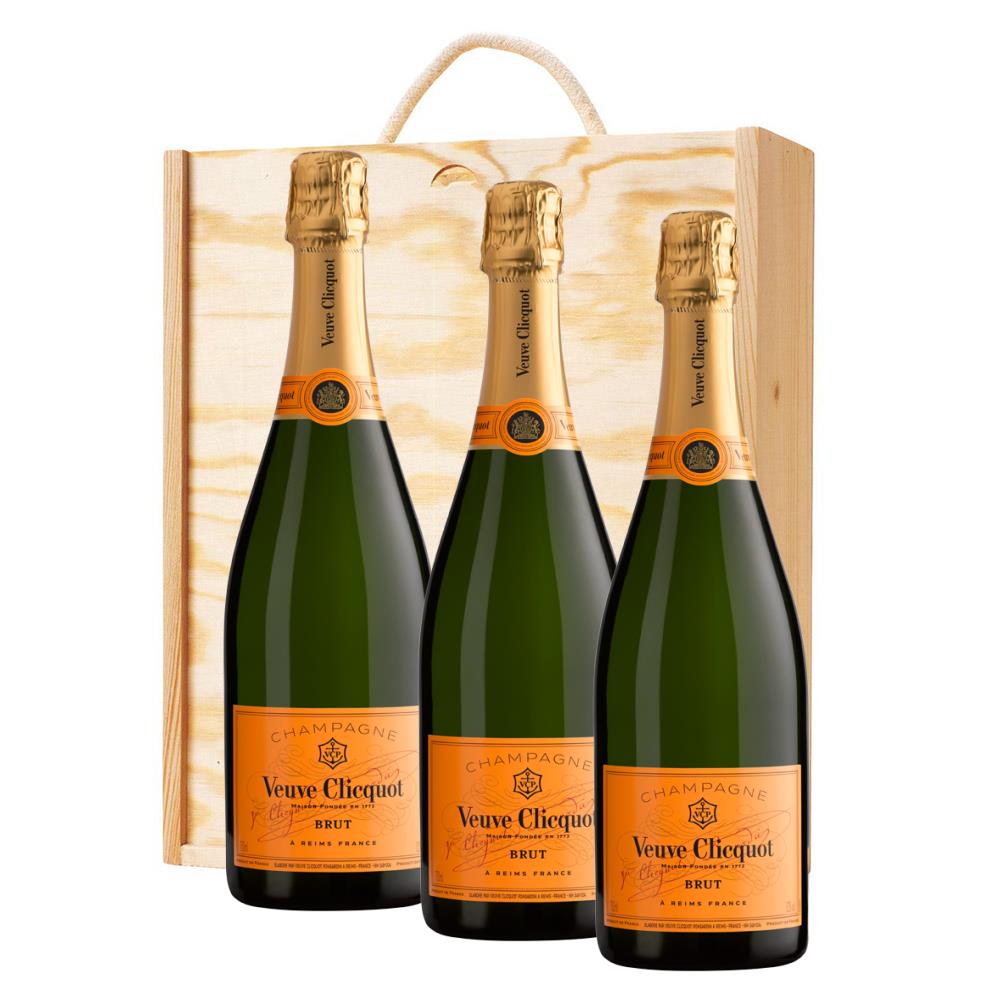 3 x Veuve Clicquot Yellow Label Brut 75cl In A Pine Wooden Gift Box